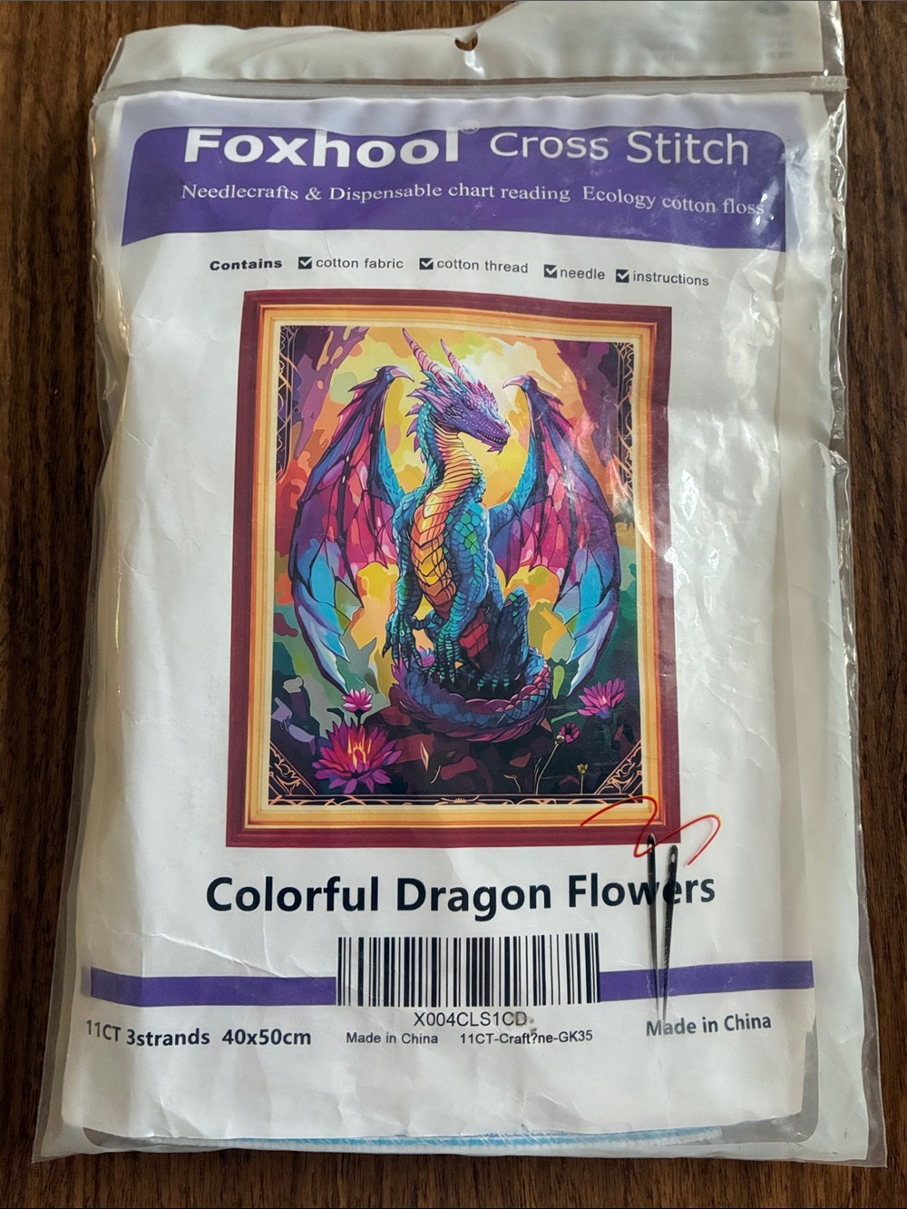 Foxhool Cross Stitch Colorful Dragon Flowers Kit - Multicolor 11 CT Printed